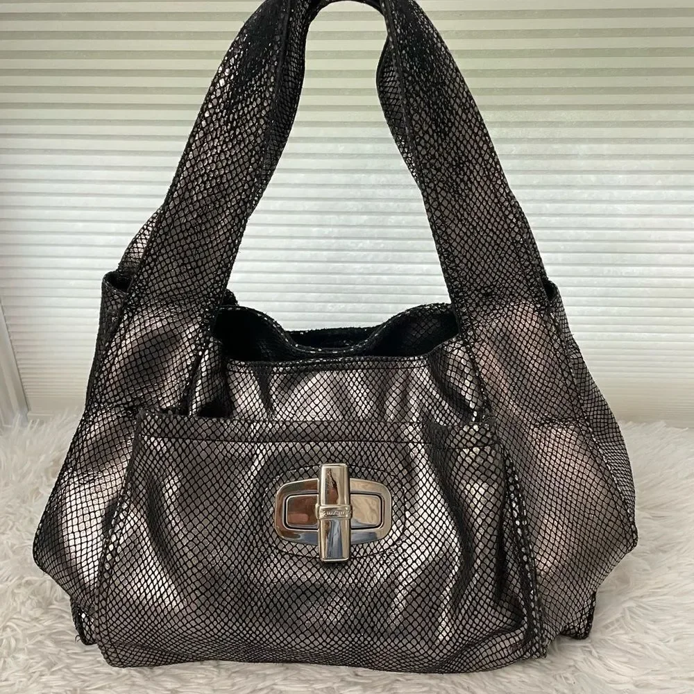 B. Makowsky Hobo Purse‎ Womens Metallic Chrome Coated Leather Shoulder Bag
